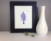 Modern Christmas art LInocut PRINT - Purple Christmas Tree on White Paper Linocut 8x10