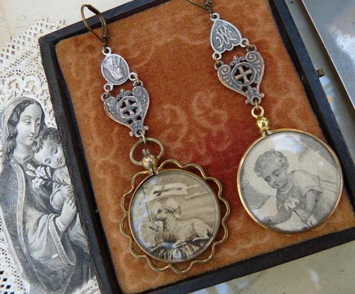 Antique French Religious Earrings, L'Enfant, by RusticGypsyCreations