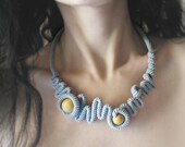 Crochet necklace, geometric free form wrapped, grey cotton - natural wooden beads