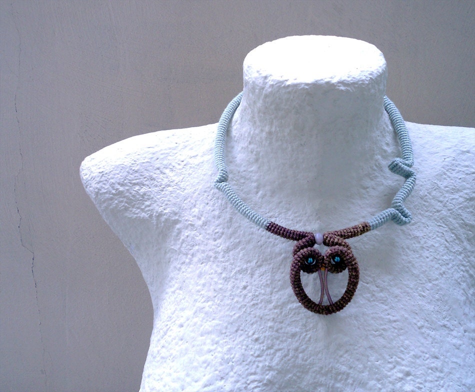 Exotic Necklace, Crochet Statement, Brown Owl - Olive Green Cable Choker