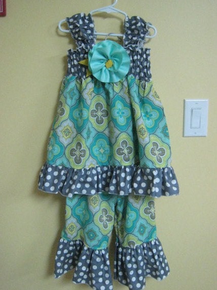 Aqua/Gray/Yellow Capri or Pant Set