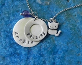 Personalized disc and donut with kitten and two birthstones sterling silver necklace - name date initials - gift for her