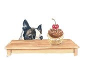 Boston Terrier Watercolour Painting Original, Cupcake Watercolor, Kitchen Art, 8x10 Painting
