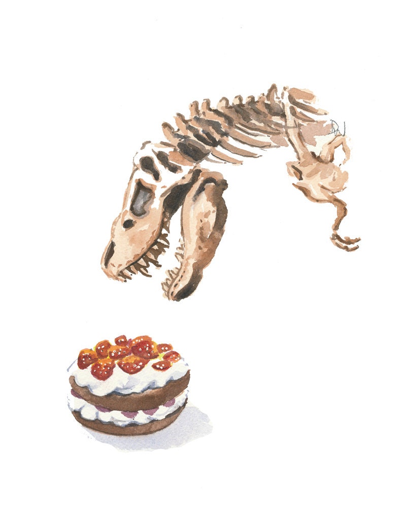 Dinosaur Watercolor Original Painting, Dino Bones, Cake Watercolour, Food Art, 8x10