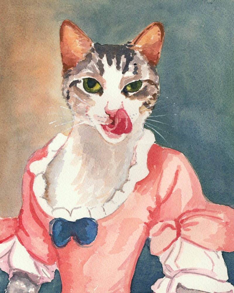 Cat Watercolor PRINT - Cat Portrait, Costume History, 11x14 Print, Open Edition
