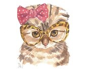 Kitten Watercolor Original Painting, Scottish Fold Cat, Cat Illustration, Retro Glasses, 8x10 Original