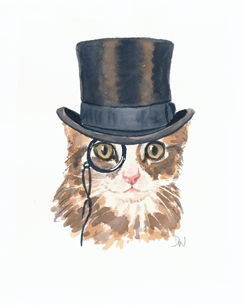 Kitten Watercolor, Original Cat Watercolour Painting, Monocle, Top Hat, Tabby Cat, 8x10 Painting