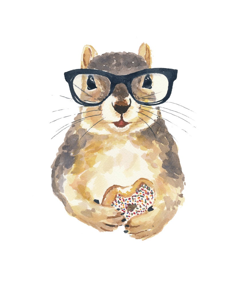 Watercolor Squirrel PRINT - Nerdy Squirrel, Sprinkle Donut, Hipster Glasses, 8x10 Painting Print