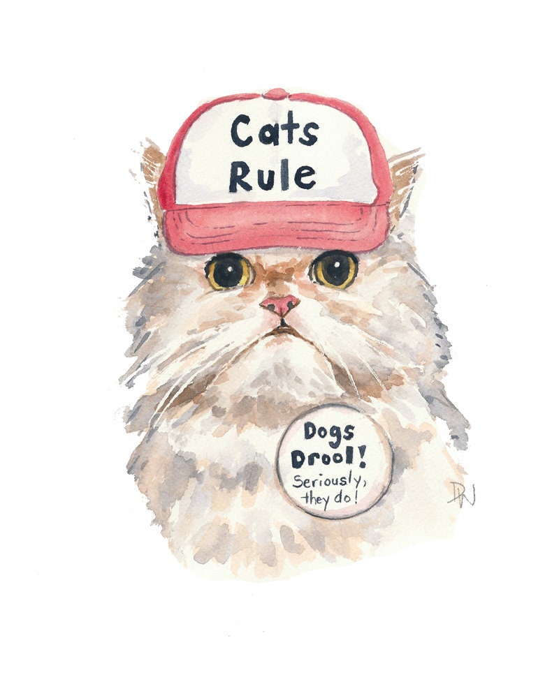Original Cat Watercolour Painting - Cats Rule, Trucker Hat, White Cat, Cat Illustration, 8x10 Painting