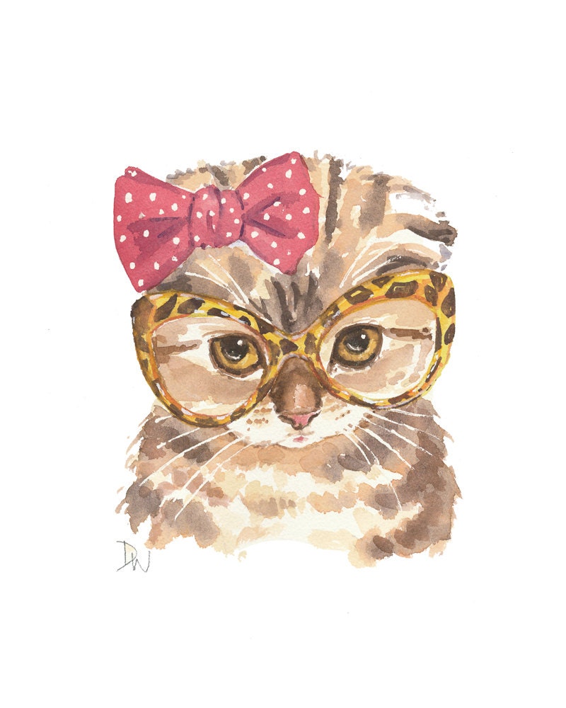 Kitten Watercolor Original Painting, Scottish Fold Cat, Cat Illustration, Retro Glasses, 8x10 Original