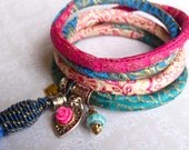 magenta and blue pure silk brocade wrap bracelet