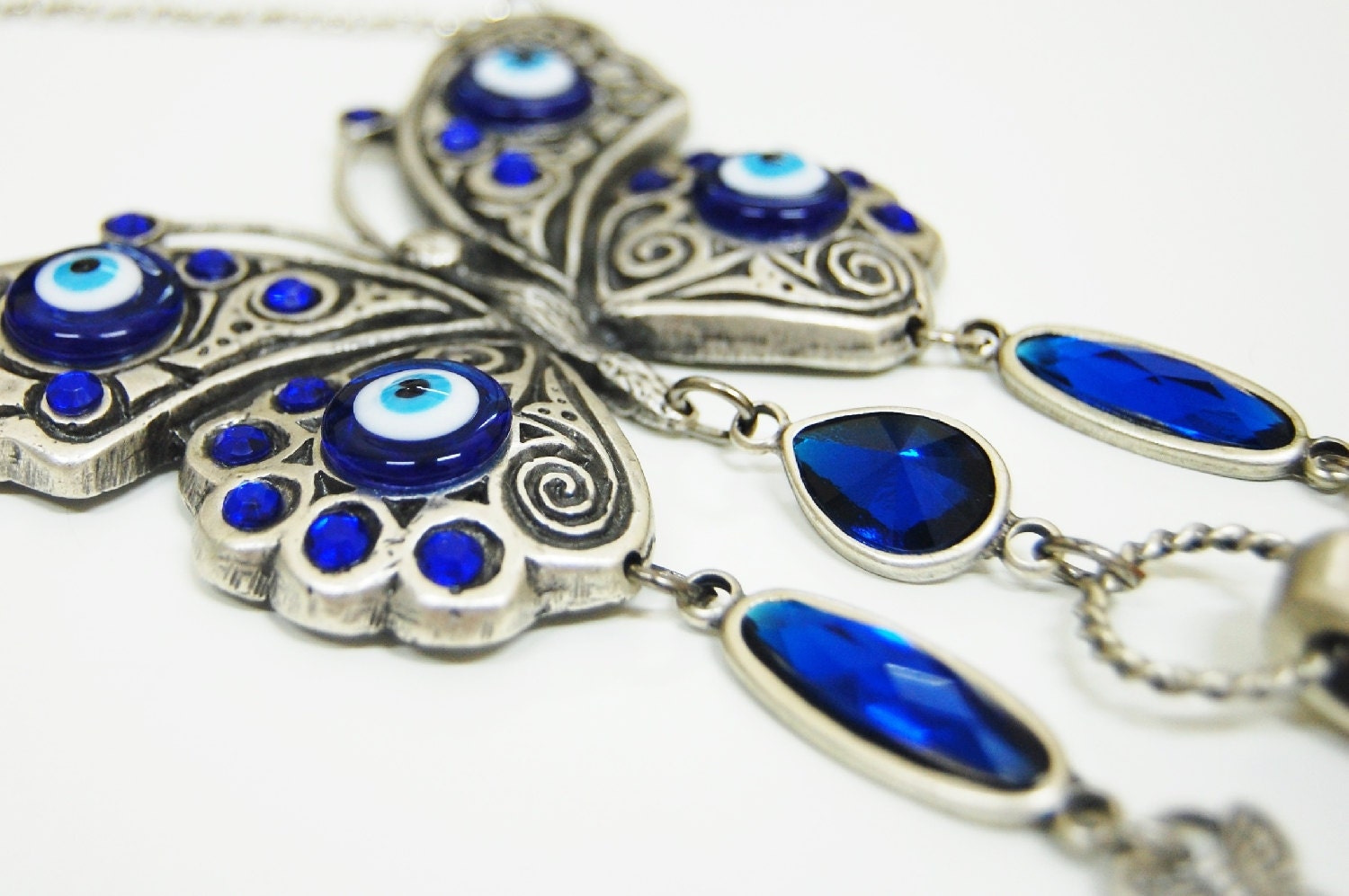 Butterfly Wall Hanging Amulet Handmade Turkish Silver Plated Evil Eye Bead