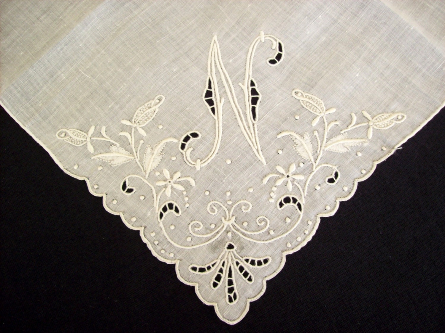 Madeira Monogram N Vintage Hanky with Cutwork Original Label