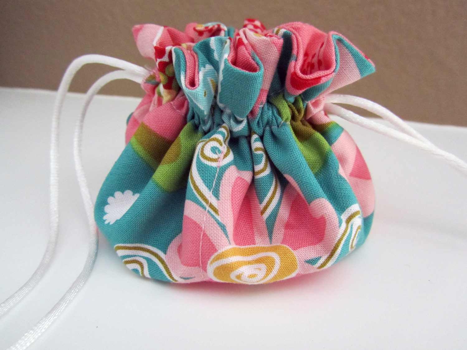 Drawstring Travel Jewelry Bag/Holder/Organizer- Pink and Teal Floral with Paisley Lining