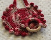 Maple Wood and Cotton Crochet natural baby Teether and Bib Set Raspberry Ombre
