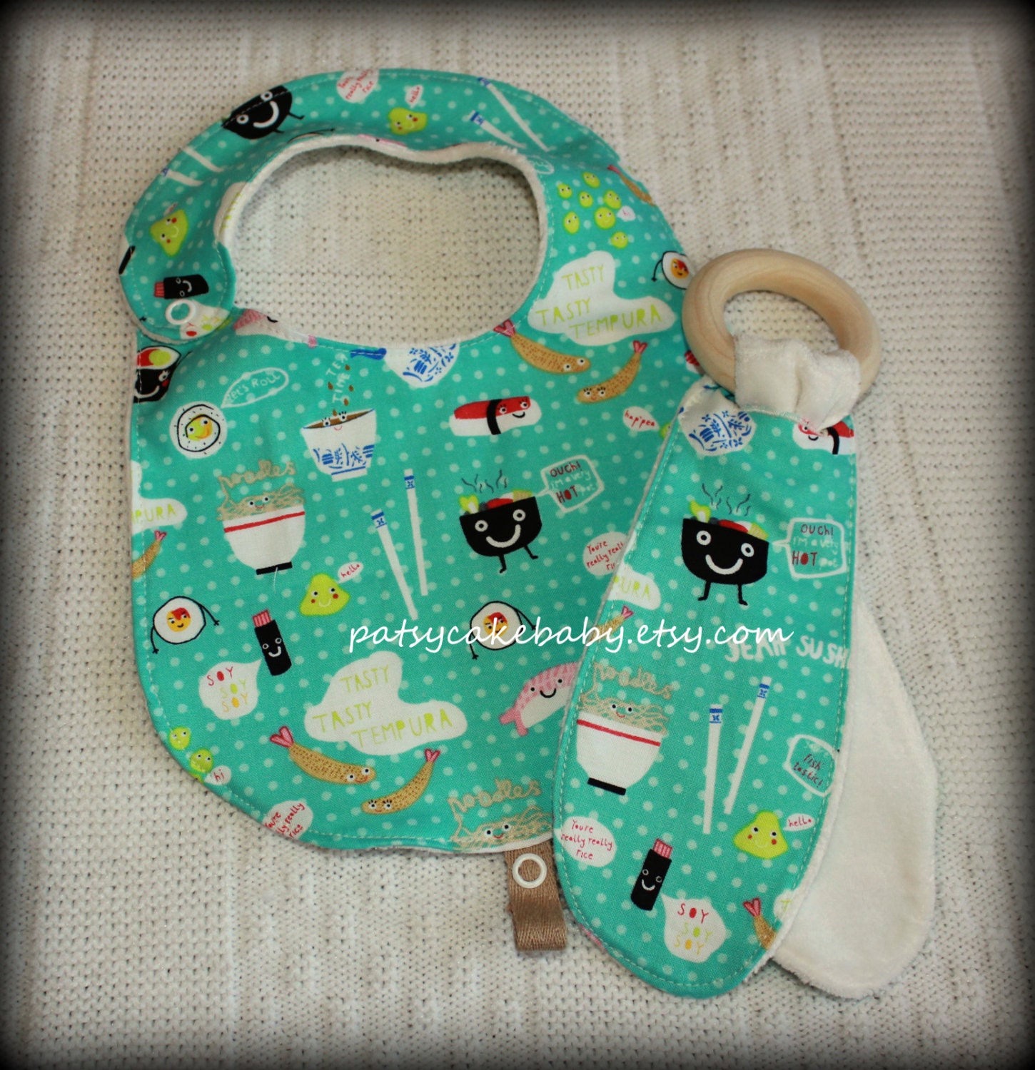 ORGANIC fabric Sushi Bento Bib and natural wood Teething Ring Set