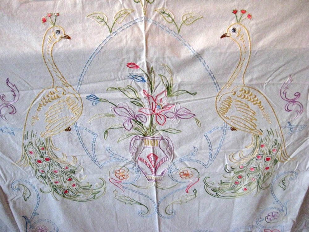 Embroidered Coverlet / 40s 50s Embroidered Bedspread / Peacocks and Floral Motif / Pretty Floral Work