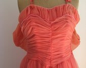 50s Prom Dress / 50s Party Cocktail Dress / Awesome Coral Chiffon with 2 Underslips / Big Skirt / Flouncey Underslip / Bustier Top