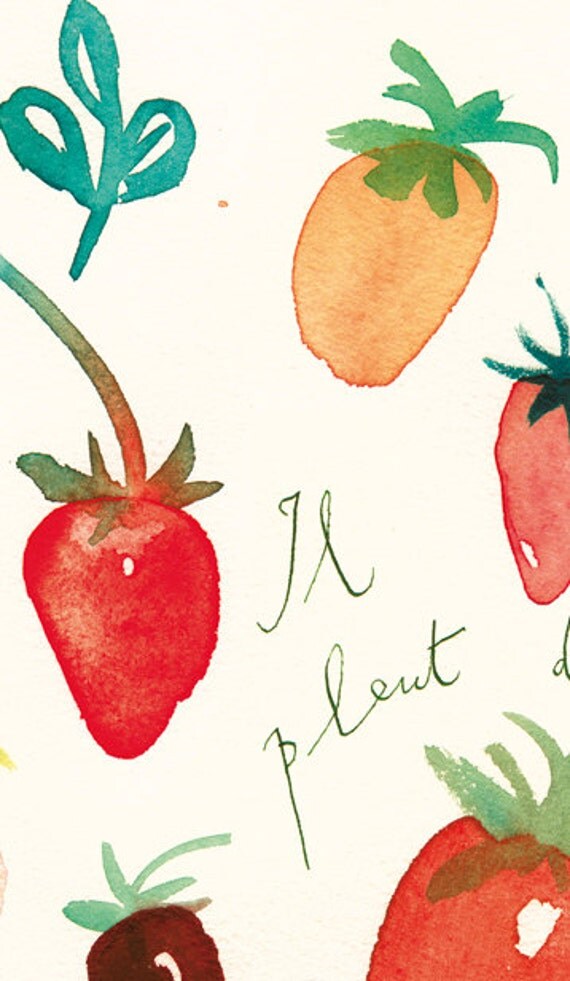 Kitchen decor, Strawberry illustration art print, Watercolor red fruit painting, 8X10 food poster