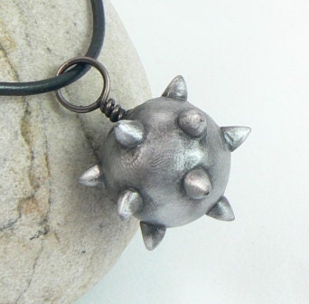 Mace Jewelry, Medieval Spiked Ball Pendant Polymer Clay Faux Metallic Silver