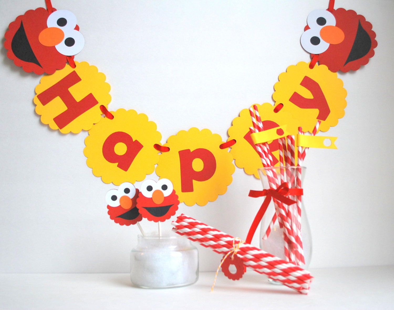 Birthday Elmo Party set, Inspired ELMO party set , banner, centerpiece, cupcake toppers and more A514 Il_570xn