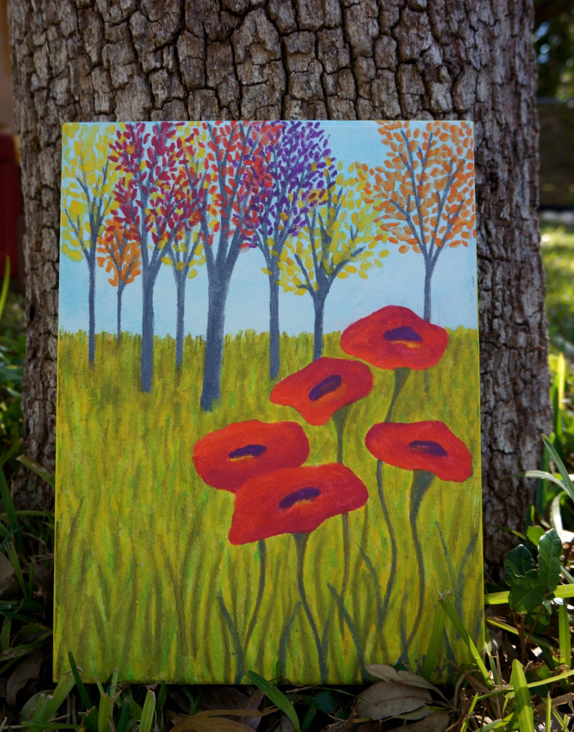 Autumn Blooms : watercolor pencil painting. 9"x12" canvas. red poppies. colorful trees and meadow.