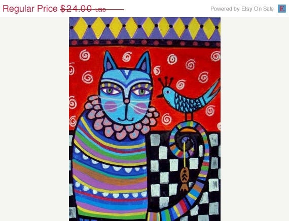 50%  OFF SALE - 11x14 Cat Art - Cat Folk Art Blue Bird Print Poster of Painting