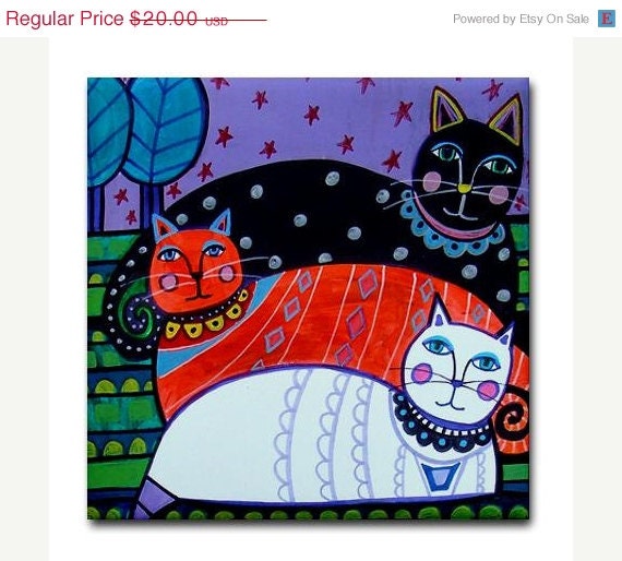 50%  OFF SALE - Ceramic Tile Coasters - Black Orange White Cat  Folk Art Print on Ceramic Tile Folk Art Colorful green yellow