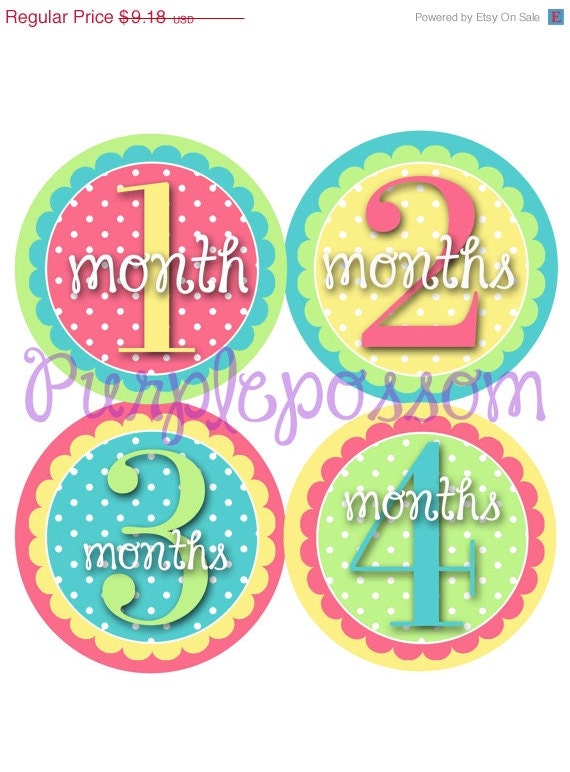 SALE Monthly Onesie Stickers..Coral Pink Yellow Aqua Green...Charlize..Original Seller of baby month stickers