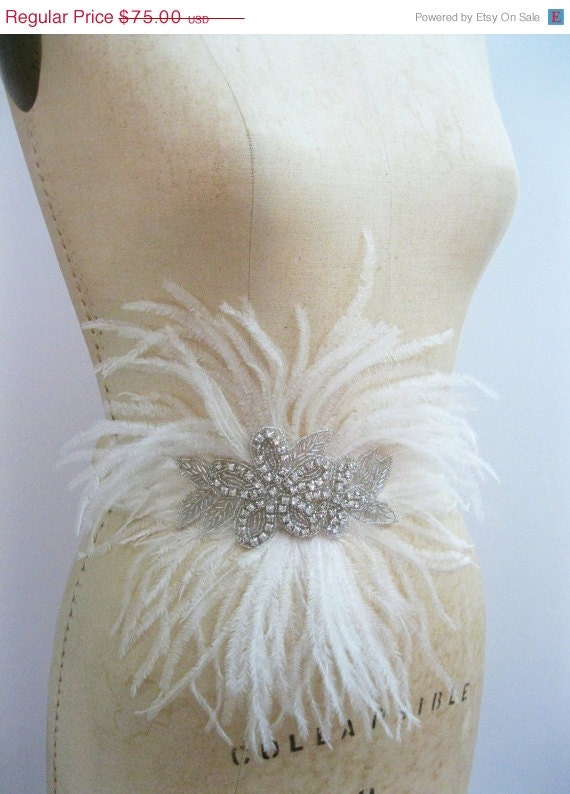 20% OFF Feather Bridal Sash made of Clear Rhinestones and Feathers in Ivory READY TO Ship