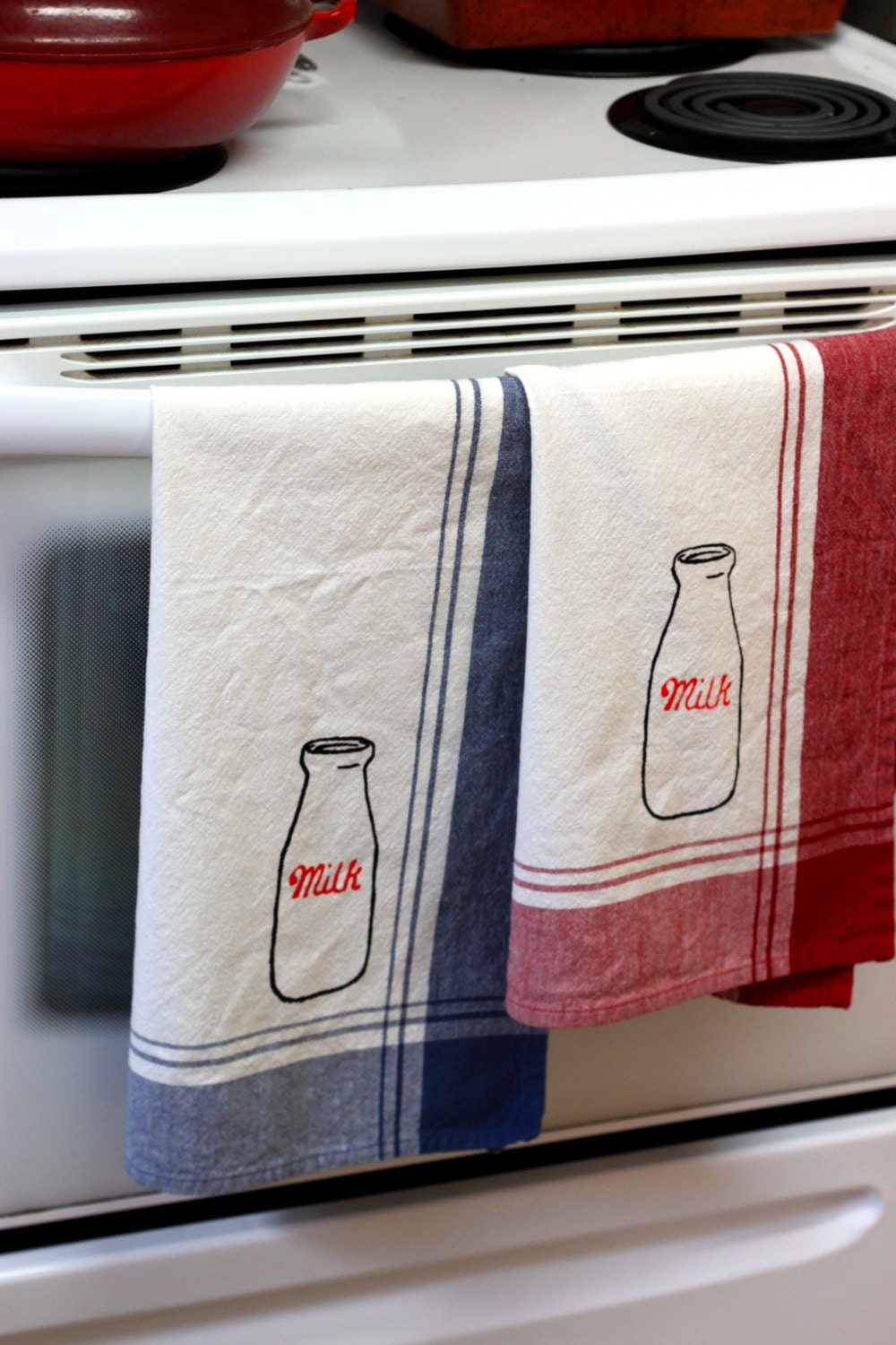 Vintage  Glass Jars Milk Bottle Hand Silk Screen Tea-Towel Set of Two