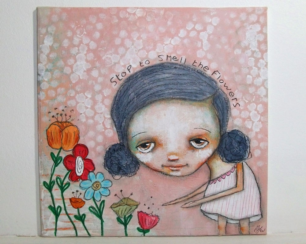 whimsical painting folk art painting whimsical painting mixed media original painting 6x6 inch canvas board - Stop to smell the flowers