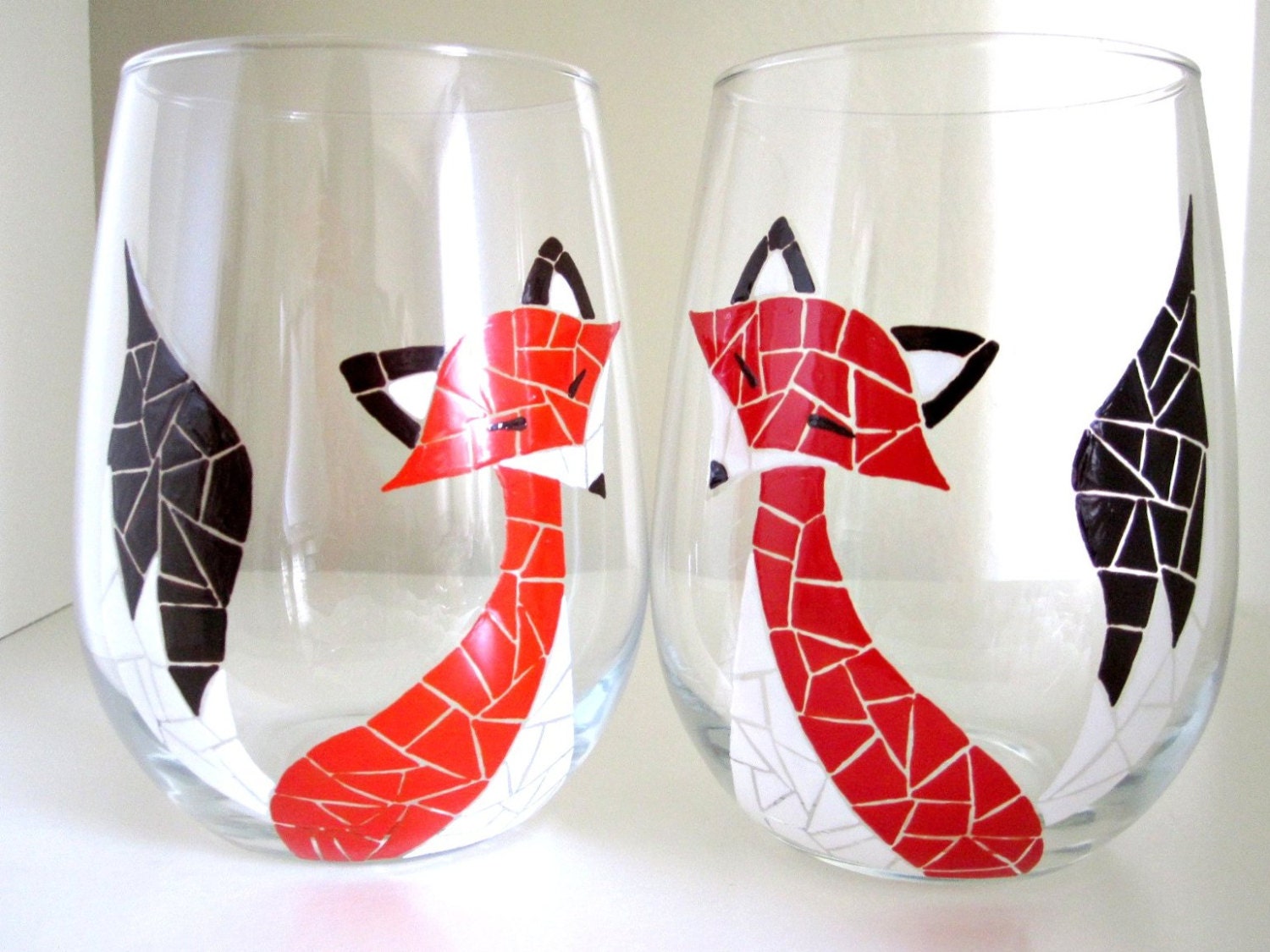 2 Red Fox Mosaic Hand Painted Wine Glasses