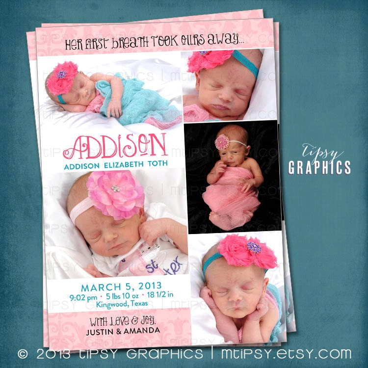 Pink Damask 5 Photo Collage Birth Announcement by Tipsy Graphics. Any colors Il_170x135