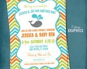 Baby Whale Chevron Baby Sprinkle Shower or Birthday Invite by Tipsy Graphics. Orange Green Turquoise