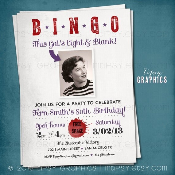 BINGO. This Kid's Eight & Blank. Milestone Surprise Party Invite Perfect with Old School Photo by Tipsy Graphics. Any age, any colors Il_570xn