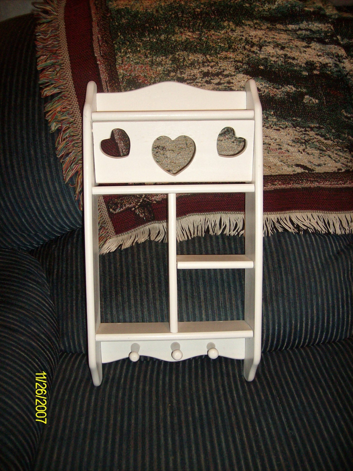 Free Shipping--White Painted Distressed Wood Curio Wall Shelf with Hearts