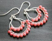 Handmade pink coral earrings, chandelier, dangle, wire wrapped, sterling silver, beaded, Mimi Michele Jewelry
