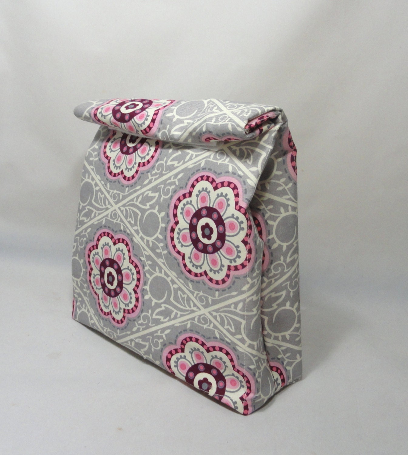 Lunch Bag . Reusable Lunch Sack . Brown Paper Bag . Purple and Grey