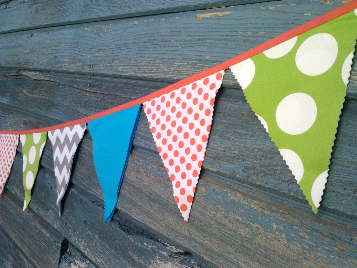 Carnival Bunting Flags - Bright fun Fabrics Lime Green, Lipstick Red, Turquoise and Grey Chevron Il_570xn