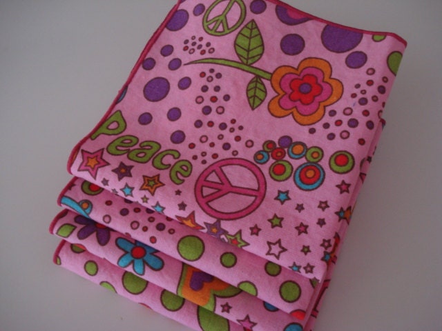 10" x 10" Retro 70's Peace Sign & Flowers Print Square Cloth Napkins - Set of 4