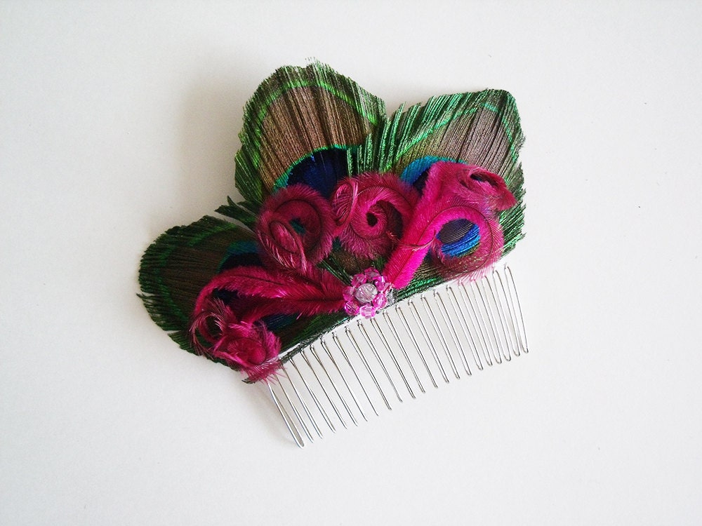 Bridal Headpiece - Peacock Fascinator - Pink Peacock Bridal Fascinator - Pink Peacock Bridal Hair Comb - Peacock Bridesmaid Headpiece
