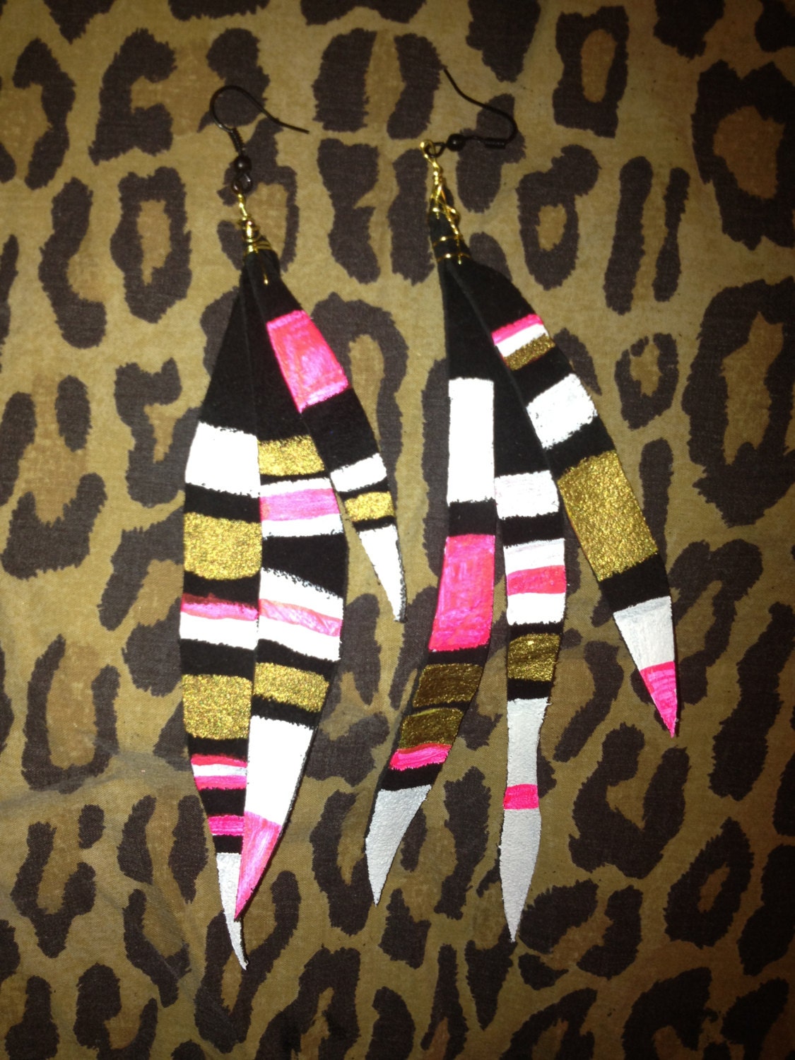 Recycled leather painted feather earrings