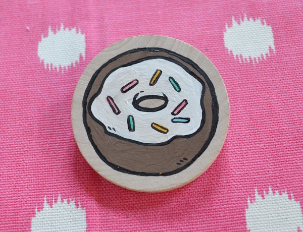 Donut Brooch Handpainted Wood Chocolate & Vanilla