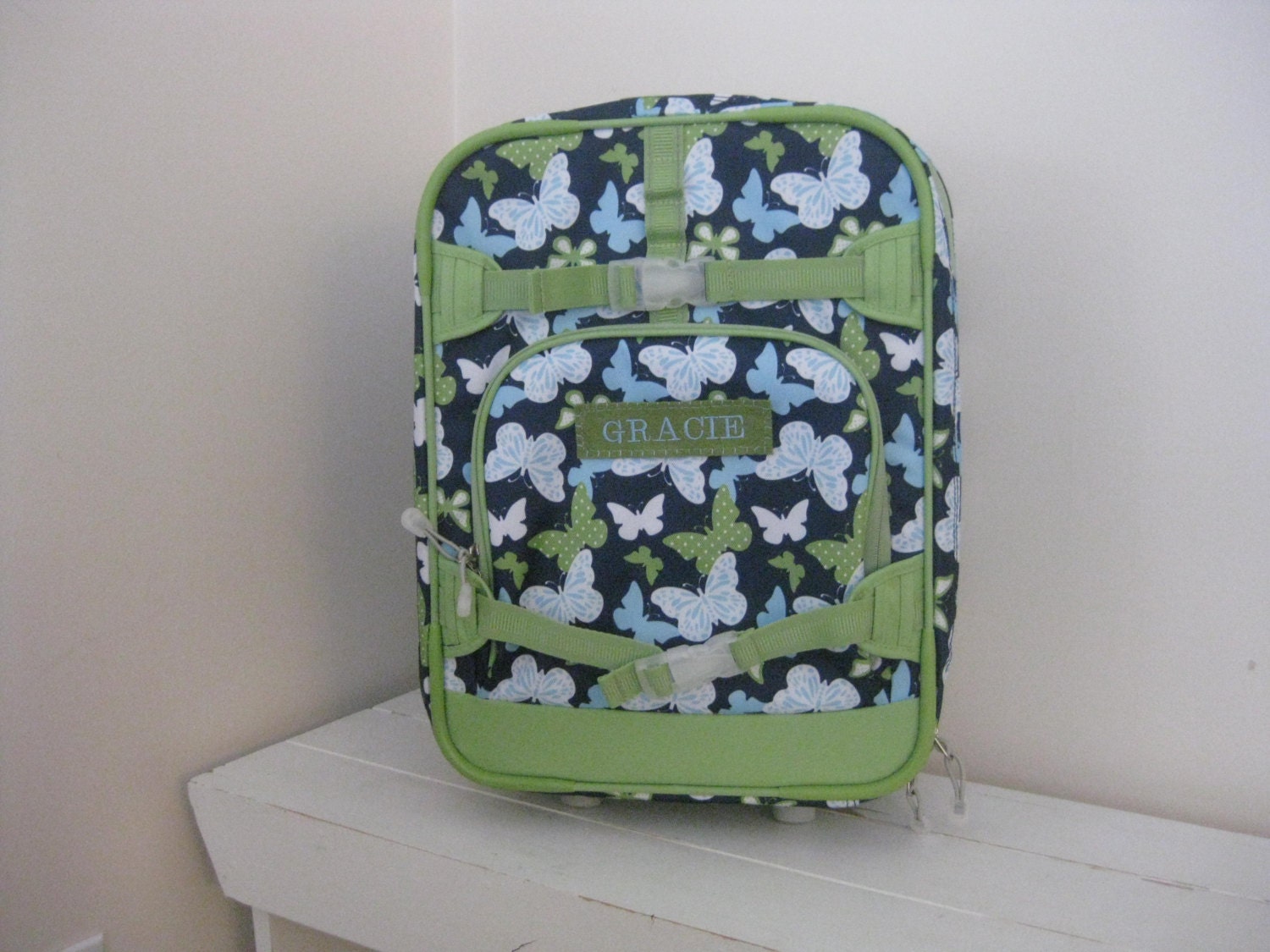 Kids Rolling Luggage With Monogram (Small Size) -- Navy Butterfly -- Free Domestic Shipping