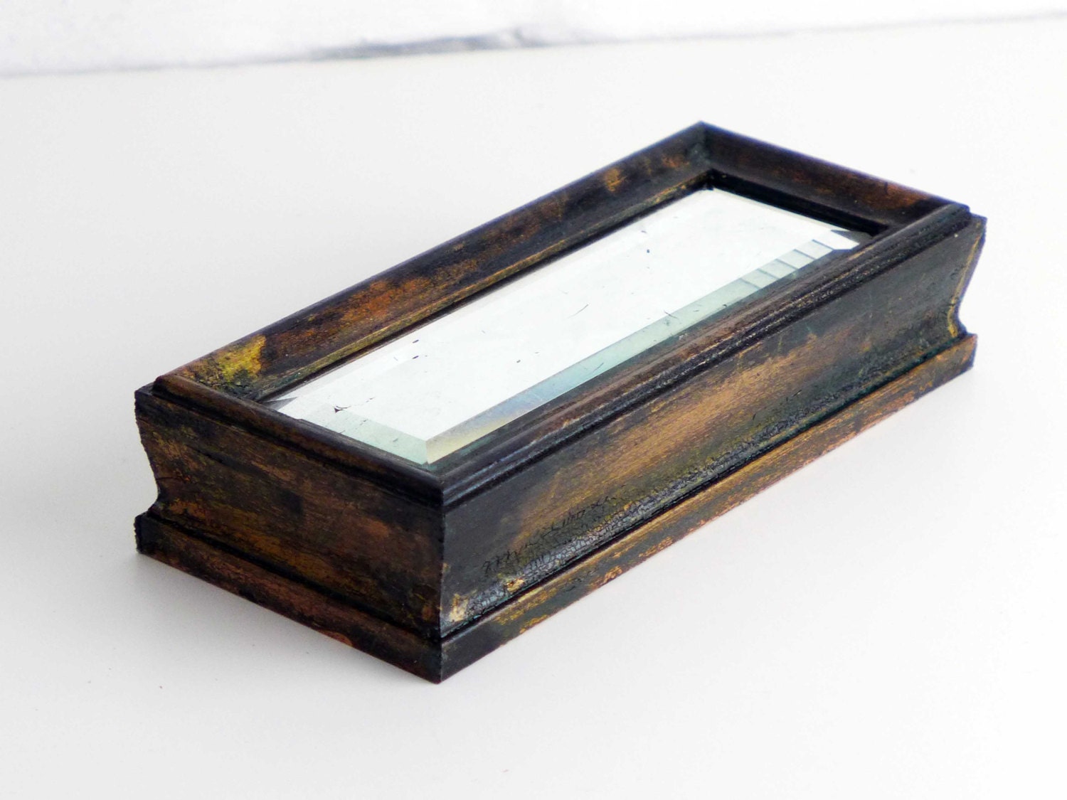 Small Beveled Gilded Glass Mirror in Tarnished Copper Frame