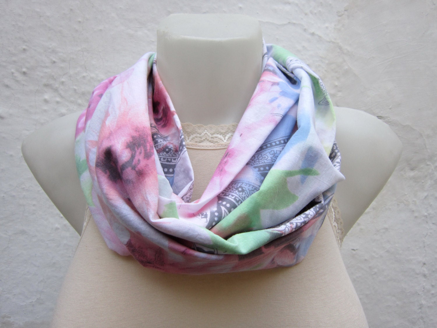 infinity scarf Loop scarf Neckwarmer Necklace scarf Fabric scarf  White Pink  Green Blue