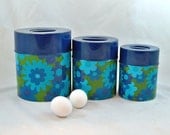 A Set of Mod Flower Power 1960s Kitchen Canisters "Blue & Green"