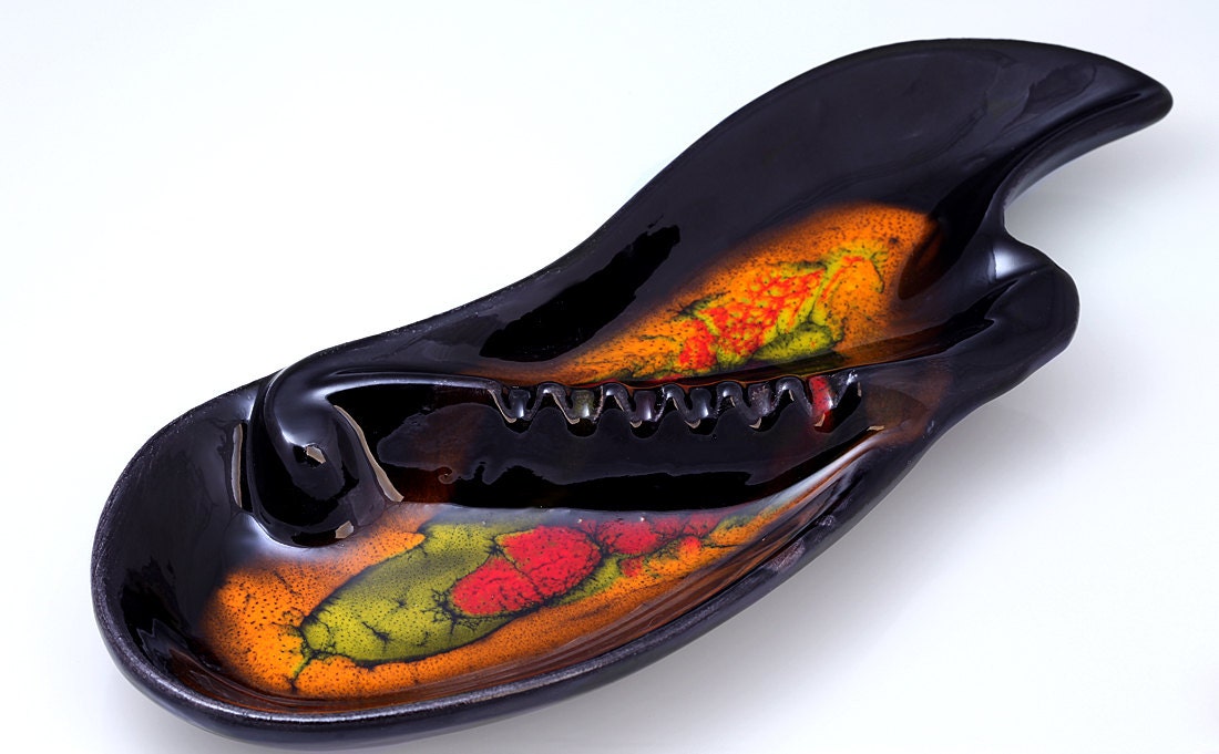 Marcia of California Ashtray Mid Century Ceramic Retro Mad Men Home Decor Black Yellow Red Green Marcia Calif