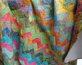 Lap Quilt Throw Bright Rainbow Batiks Zig Zag